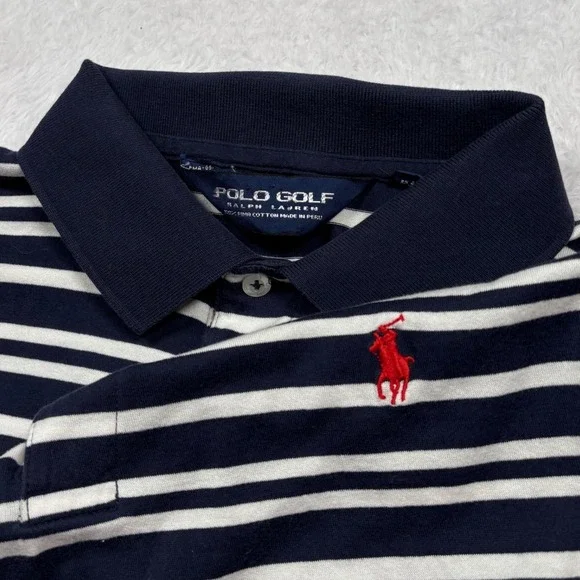 Polo Golf Ralph Lauren Polo Shirt Mens L Navy Blue White Striped Red PONY LOGO - Picture 4 of 12